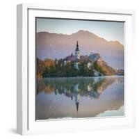 Bled Island with the Church of the Assumption and Bled Castle Illuminated at Dusk, Lake Bled-Doug Pearson-Framed Photographic Print