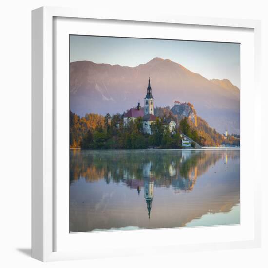 Bled Island with the Church of the Assumption and Bled Castle Illuminated at Dusk, Lake Bled-Doug Pearson-Framed Photographic Print