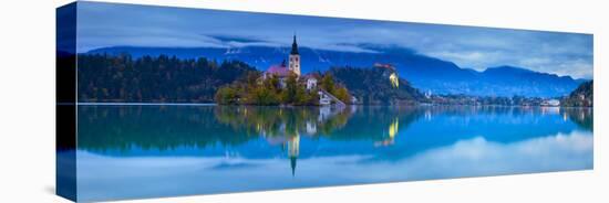 Bled Island with the Church of the Assumption and Bled Castle Illuminated at Dusk, Lake Bled-Doug Pearson-Stretched Canvas