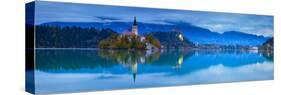 Bled Island with the Church of the Assumption and Bled Castle Illuminated at Dusk, Lake Bled-Doug Pearson-Stretched Canvas