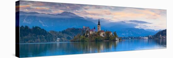 Bled Island with the Church of the Assumption and Bled Castle Illuminated at Dusk, Lake Bled-Doug Pearson-Stretched Canvas