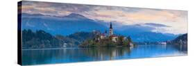 Bled Island with the Church of the Assumption and Bled Castle Illuminated at Dusk, Lake Bled-Doug Pearson-Stretched Canvas