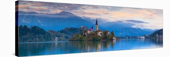 Bled Island with the Church of the Assumption and Bled Castle Illuminated at Dusk, Lake Bled-Doug Pearson-Stretched Canvas