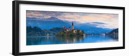 Bled Island with the Church of the Assumption and Bled Castle Illuminated at Dusk, Lake Bled-Doug Pearson-Framed Premium Photographic Print