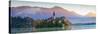 Bled Island with the Church of the Assumption and Bled Castle Illuminated at Dusk, Lake Bled-Doug Pearson-Stretched Canvas