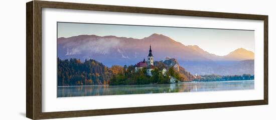 Bled Island with the Church of the Assumption and Bled Castle Illuminated at Dusk, Lake Bled-Doug Pearson-Framed Photographic Print