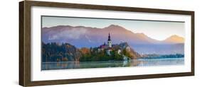 Bled Island with the Church of the Assumption and Bled Castle Illuminated at Dusk, Lake Bled-Doug Pearson-Framed Photographic Print