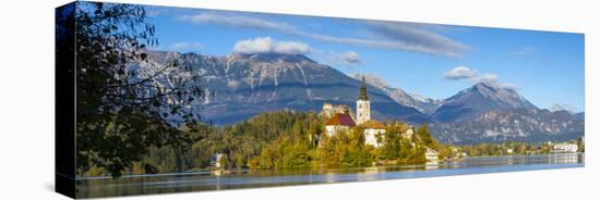 Bled Island with the Church of the Assumption and Bled Castle Illuminated at Dusk, Lake Bled-Doug Pearson-Stretched Canvas