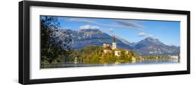 Bled Island with the Church of the Assumption and Bled Castle Illuminated at Dusk, Lake Bled-Doug Pearson-Framed Photographic Print