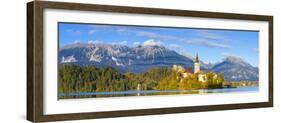 Bled Island with the Church of the Assumption and Bled Castle Illuminated at Dusk, Lake Bled-Doug Pearson-Framed Photographic Print