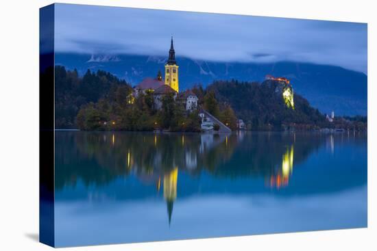 Bled Island with the Church of the Assumption and Bled Castle Illuminated at Dusk, Lake Bled-Doug Pearson-Stretched Canvas