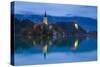 Bled Island with the Church of the Assumption and Bled Castle Illuminated at Dusk, Lake Bled-Doug Pearson-Stretched Canvas