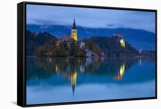 Bled Island with the Church of the Assumption and Bled Castle Illuminated at Dusk, Lake Bled-Doug Pearson-Framed Stretched Canvas