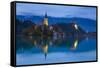 Bled Island with the Church of the Assumption and Bled Castle Illuminated at Dusk, Lake Bled-Doug Pearson-Framed Stretched Canvas