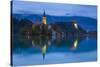 Bled Island with the Church of the Assumption and Bled Castle Illuminated at Dusk, Lake Bled-Doug Pearson-Stretched Canvas