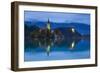 Bled Island with the Church of the Assumption and Bled Castle Illuminated at Dusk, Lake Bled-Doug Pearson-Framed Photographic Print