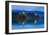 Bled Island with the Church of the Assumption and Bled Castle Illuminated at Dusk, Lake Bled-Doug Pearson-Framed Photographic Print