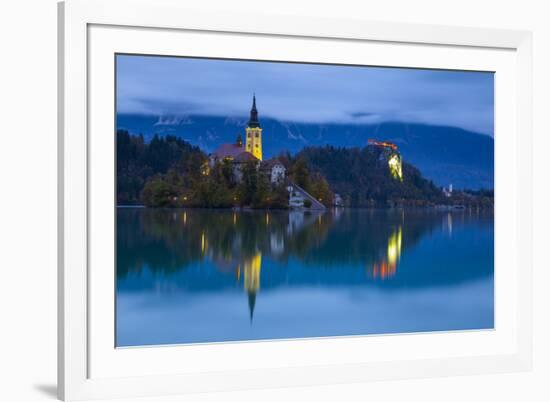 Bled Island with the Church of the Assumption and Bled Castle Illuminated at Dusk, Lake Bled-Doug Pearson-Framed Photographic Print