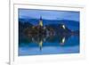 Bled Island with the Church of the Assumption and Bled Castle Illuminated at Dusk, Lake Bled-Doug Pearson-Framed Photographic Print