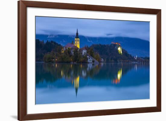 Bled Island with the Church of the Assumption and Bled Castle Illuminated at Dusk, Lake Bled-Doug Pearson-Framed Photographic Print