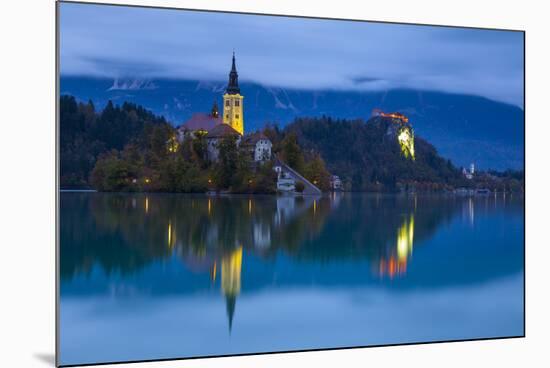 Bled Island with the Church of the Assumption and Bled Castle Illuminated at Dusk, Lake Bled-Doug Pearson-Mounted Photographic Print