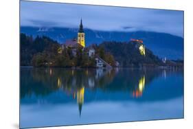 Bled Island with the Church of the Assumption and Bled Castle Illuminated at Dusk, Lake Bled-Doug Pearson-Mounted Photographic Print