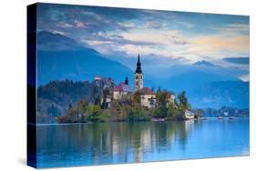 Bled Island with the Church of the Assumption and Bled Castle Illuminated at Dusk, Lake Bled-Doug Pearson-Stretched Canvas