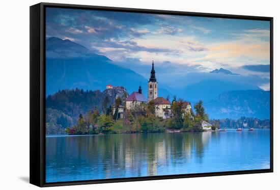 Bled Island with the Church of the Assumption and Bled Castle Illuminated at Dusk, Lake Bled-Doug Pearson-Framed Stretched Canvas