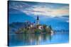 Bled Island with the Church of the Assumption and Bled Castle Illuminated at Dusk, Lake Bled-Doug Pearson-Stretched Canvas