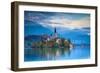 Bled Island with the Church of the Assumption and Bled Castle Illuminated at Dusk, Lake Bled-Doug Pearson-Framed Photographic Print