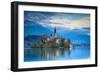 Bled Island with the Church of the Assumption and Bled Castle Illuminated at Dusk, Lake Bled-Doug Pearson-Framed Photographic Print