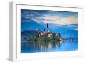 Bled Island with the Church of the Assumption and Bled Castle Illuminated at Dusk, Lake Bled-Doug Pearson-Framed Photographic Print