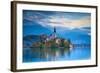 Bled Island with the Church of the Assumption and Bled Castle Illuminated at Dusk, Lake Bled-Doug Pearson-Framed Photographic Print