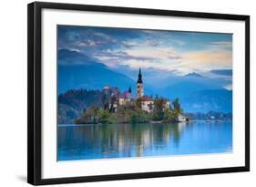 Bled Island with the Church of the Assumption and Bled Castle Illuminated at Dusk, Lake Bled-Doug Pearson-Framed Photographic Print