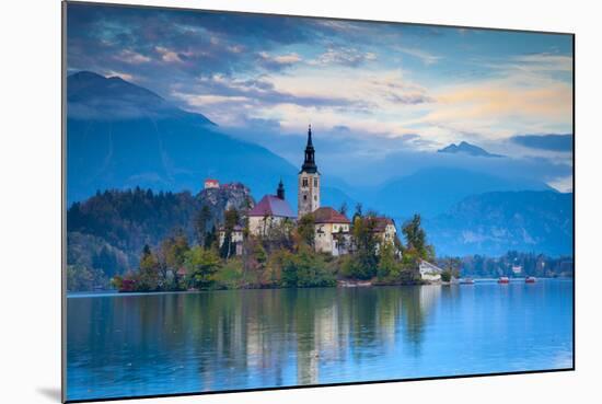 Bled Island with the Church of the Assumption and Bled Castle Illuminated at Dusk, Lake Bled-Doug Pearson-Mounted Photographic Print