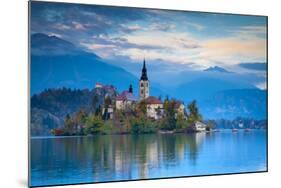 Bled Island with the Church of the Assumption and Bled Castle Illuminated at Dusk, Lake Bled-Doug Pearson-Mounted Photographic Print