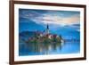 Bled Island with the Church of the Assumption and Bled Castle Illuminated at Dusk, Lake Bled-Doug Pearson-Framed Photographic Print