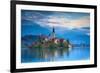 Bled Island with the Church of the Assumption and Bled Castle Illuminated at Dusk, Lake Bled-Doug Pearson-Framed Photographic Print