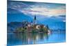 Bled Island with the Church of the Assumption and Bled Castle Illuminated at Dusk, Lake Bled-Doug Pearson-Mounted Photographic Print