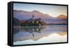 Bled Island with the Church of the Assumption and Bled Castle Illuminated at Dusk, Lake Bled-Doug Pearson-Framed Stretched Canvas