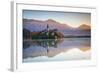 Bled Island with the Church of the Assumption and Bled Castle Illuminated at Dusk, Lake Bled-Doug Pearson-Framed Photographic Print