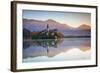 Bled Island with the Church of the Assumption and Bled Castle Illuminated at Dusk, Lake Bled-Doug Pearson-Framed Photographic Print