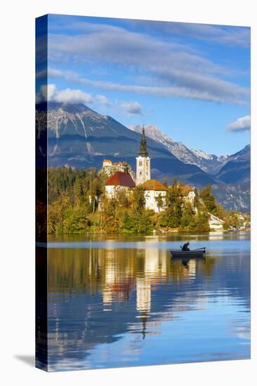 Bled Island with the Church of the Assumption and Bled Castle Illuminated at Dusk, Lake Bled-Doug Pearson-Stretched Canvas