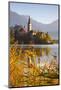 Bled Island with the Church of the Assumption and Bled Castle Illuminated at Dusk, Lake Bled-Doug Pearson-Mounted Photographic Print