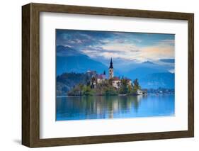 Bled Island with the Church of the Assumption and Bled Castle Illuminated at Dusk, Lake Bled-Doug Pearson-Framed Photographic Print