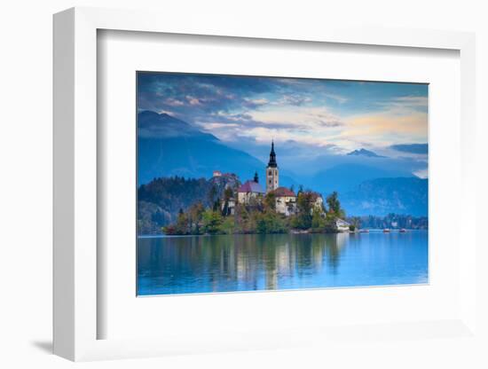Bled Island with the Church of the Assumption and Bled Castle Illuminated at Dusk, Lake Bled-Doug Pearson-Framed Photographic Print