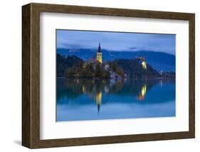 Bled Island with the Church of the Assumption and Bled Castle Illuminated at Dusk, Lake Bled-Doug Pearson-Framed Photographic Print