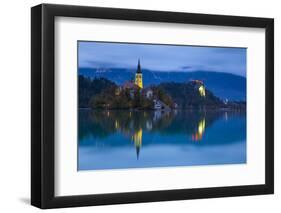 Bled Island with the Church of the Assumption and Bled Castle Illuminated at Dusk, Lake Bled-Doug Pearson-Framed Photographic Print