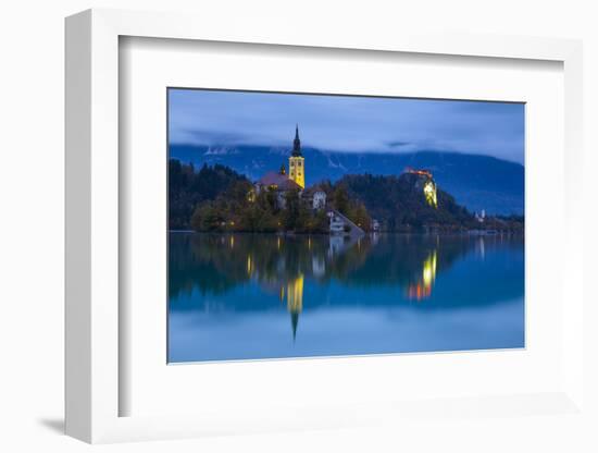 Bled Island with the Church of the Assumption and Bled Castle Illuminated at Dusk, Lake Bled-Doug Pearson-Framed Photographic Print