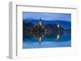 Bled Island with the Church of the Assumption and Bled Castle Illuminated at Dusk, Lake Bled-Doug Pearson-Framed Photographic Print